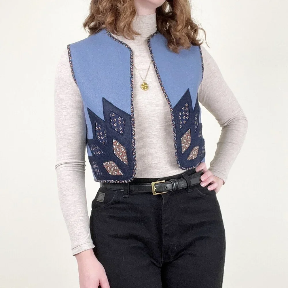 Vintage Handmade Cropped Vest Scandinavian Nordic Floral Print Crop Quilted Boho - Picture 2 of 6